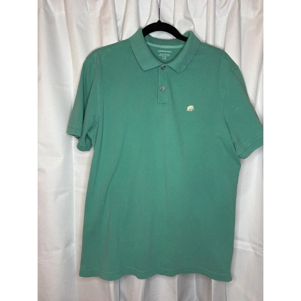 Banana Republic Green Pique Cotton Short Sleeve Preppy Elephant Logo Shirt Lg